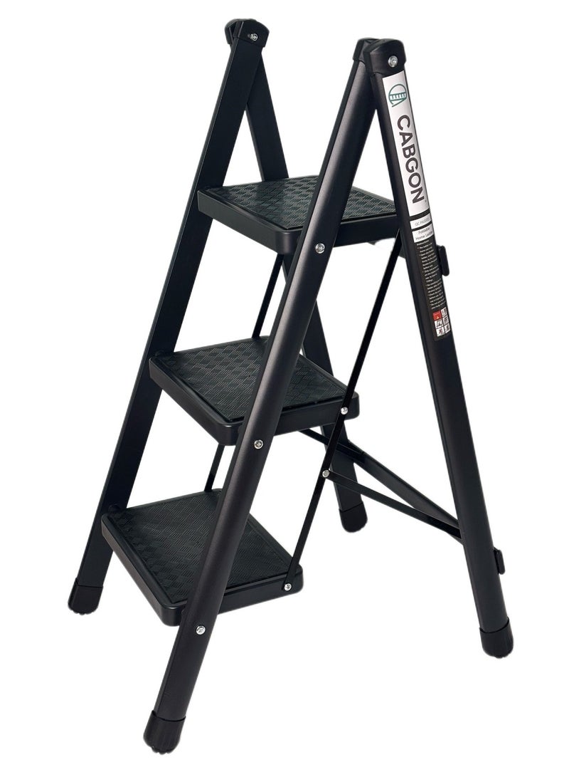 كابجون سلم قابل للطي للاستخدام المنزلي، براز خفيف الوزن قابل للطي مزود بدراسات عريضة غير منزلقة، سلم فولاذي ذي خطوة للمطبخ، المكتب، غرفة النوم (أسود، 3 درجات) - Image 1